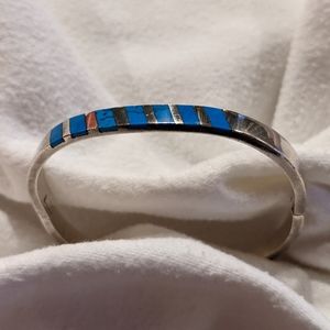 Vintage Taxco Sterling Silver Turquoise Inlay Bangle Bracelet